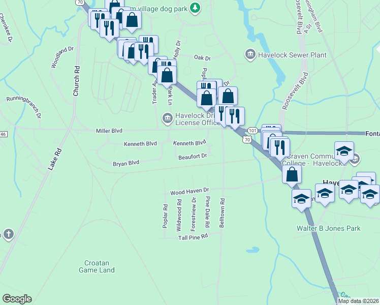 map of restaurants, bars, coffee shops, grocery stores, and more near 112 Beaufort Dr in Havelock