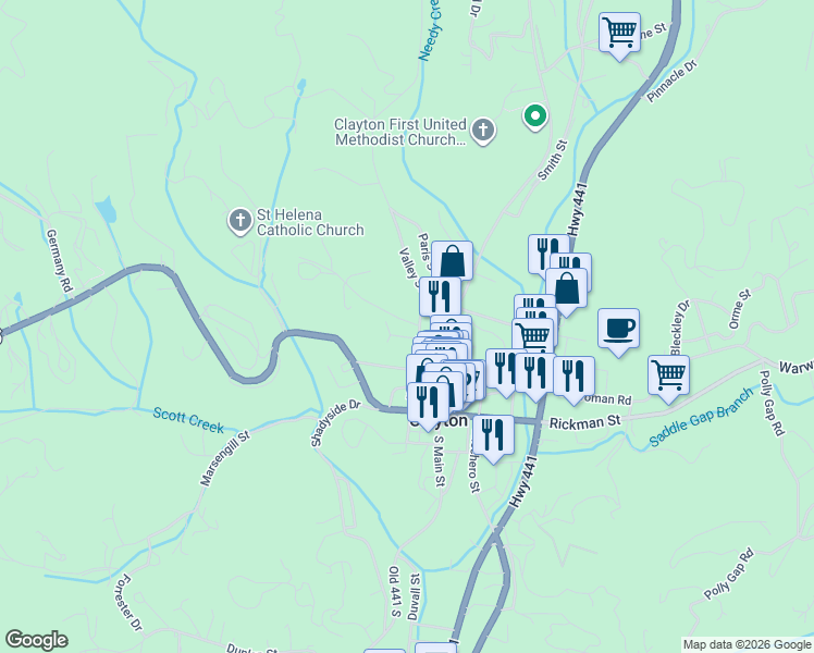 map of restaurants, bars, coffee shops, grocery stores, and more near 15 Pickett Hill Street in Clayton