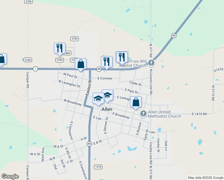 map of restaurants, bars, coffee shops, grocery stores, and more near 401 Paul Street in Allen