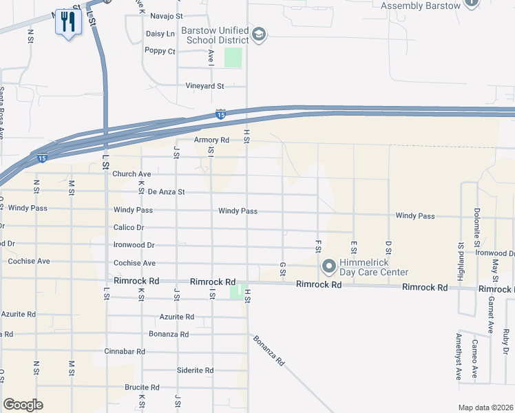 map of restaurants, bars, coffee shops, grocery stores, and more near 28148 Windy Pass in Barstow