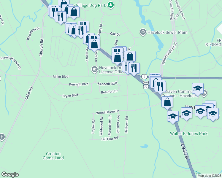 map of restaurants, bars, coffee shops, grocery stores, and more near 112 Beaufort Drive in Havelock