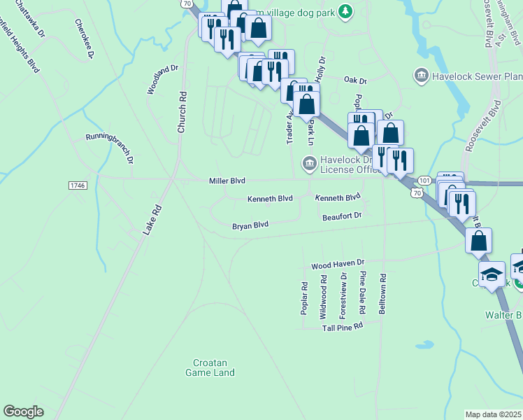 map of restaurants, bars, coffee shops, grocery stores, and more near 223 Elizabeth Circle in Havelock