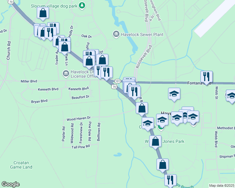 map of restaurants, bars, coffee shops, grocery stores, and more near 116 E Main St in Havelock