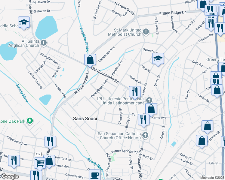 map of restaurants, bars, coffee shops, grocery stores, and more near 1 Bentwood Drive in Greenville