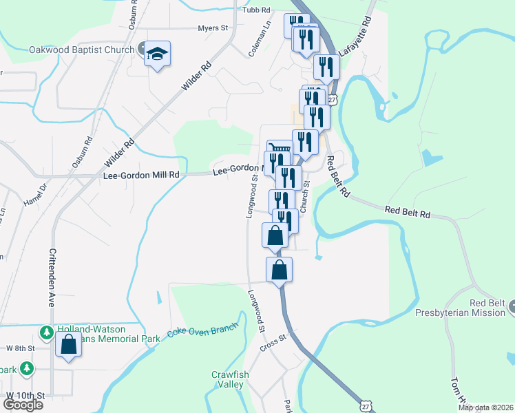 map of restaurants, bars, coffee shops, grocery stores, and more near 201 Longwood Street in Chickamauga