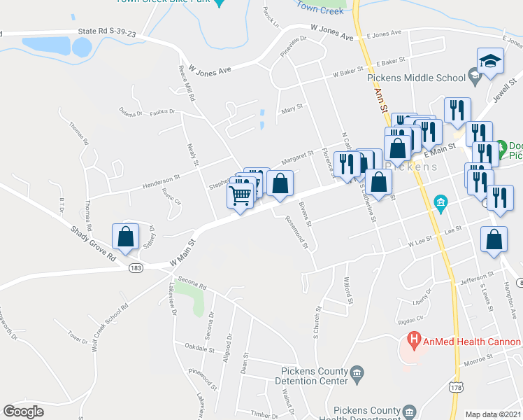 map of restaurants, bars, coffee shops, grocery stores, and more near 701 South Carolina 183 in Pickens