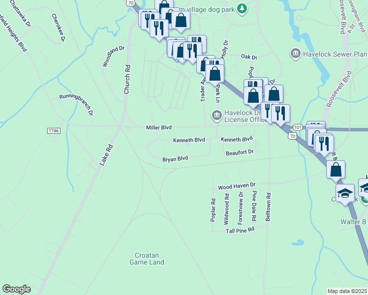 map of restaurants, bars, coffee shops, grocery stores, and more near 223 Elizabeth Circle in Havelock