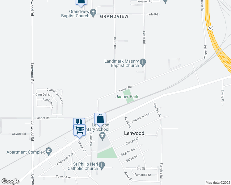 map of restaurants, bars, coffee shops, grocery stores, and more near Birch Road in Barstow