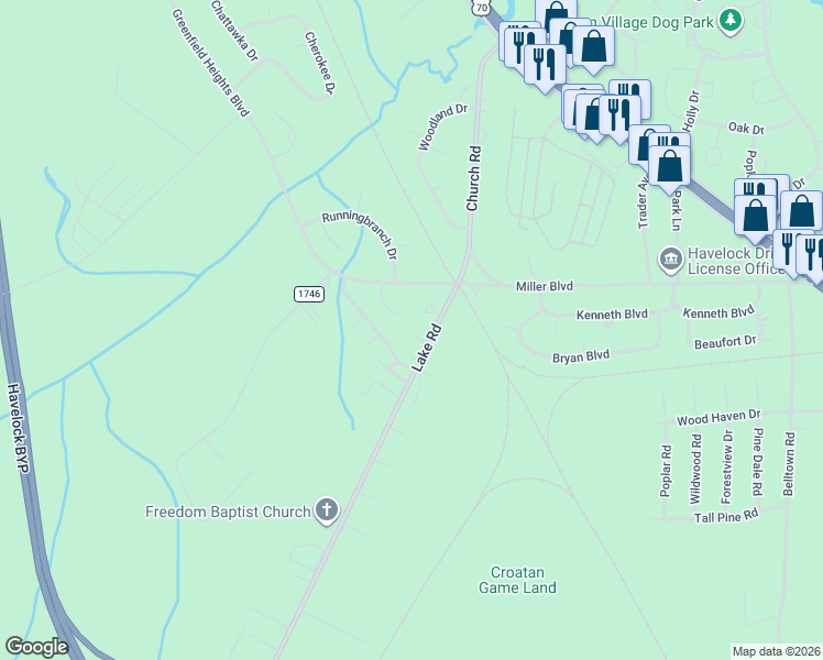 map of restaurants, bars, coffee shops, grocery stores, and more near 28 Mustang Court in Havelock
