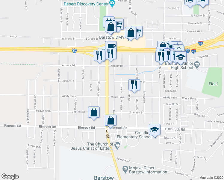 map of restaurants, bars, coffee shops, grocery stores, and more near 1161 Barstow Road in Barstow