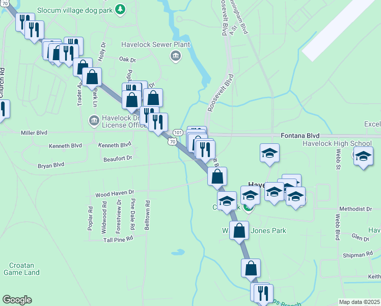 map of restaurants, bars, coffee shops, grocery stores, and more near 116 E Main St in Havelock