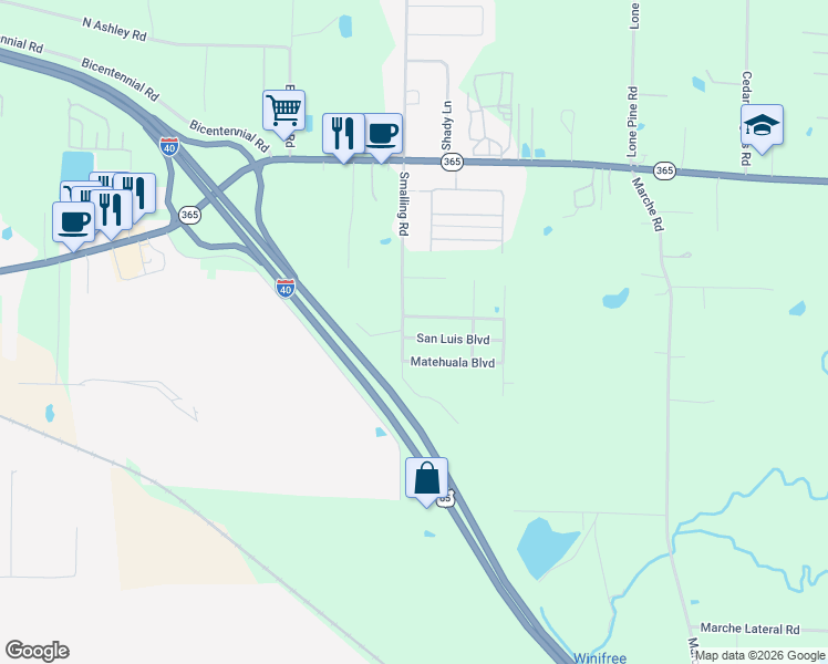 map of restaurants, bars, coffee shops, grocery stores, and more near 2016 San Luis Boulevard in North Little Rock