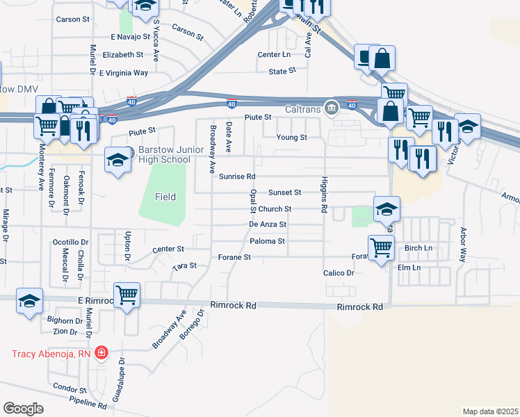 map of restaurants, bars, coffee shops, grocery stores, and more near Church Street in Barstow