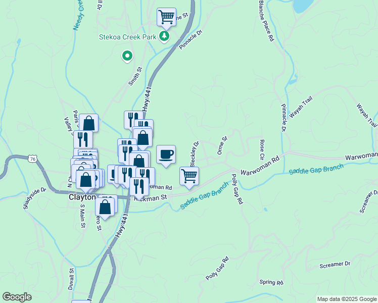 map of restaurants, bars, coffee shops, grocery stores, and more near 131 Bleckley Drive in Clayton