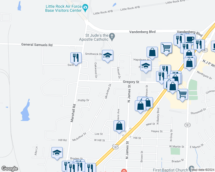 map of restaurants, bars, coffee shops, grocery stores, and more near 1604 McArthur Drive in Jacksonville