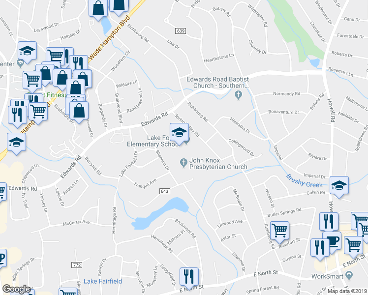 map of restaurants, bars, coffee shops, grocery stores, and more near 16 Berkshire Avenue in Greenville