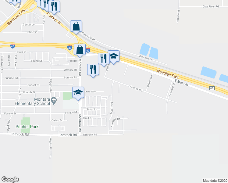 map of restaurants, bars, coffee shops, grocery stores, and more near 661 Arbor Way in Barstow