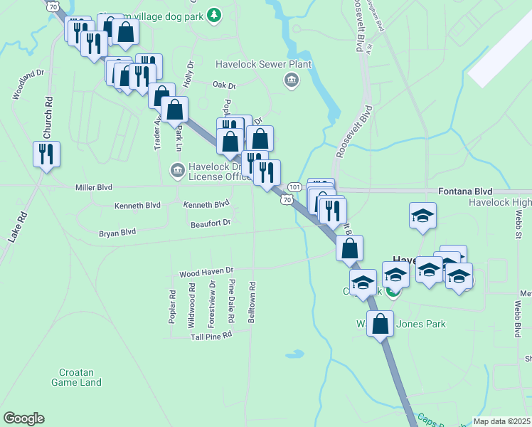 map of restaurants, bars, coffee shops, grocery stores, and more near 111 Belltown Road in Havelock