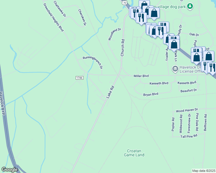 map of restaurants, bars, coffee shops, grocery stores, and more near 28 Mustang Court in Havelock