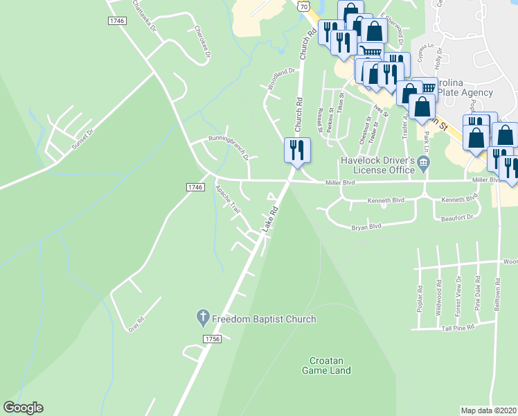 map of restaurants, bars, coffee shops, grocery stores, and more near 28 Mustang Court in Havelock