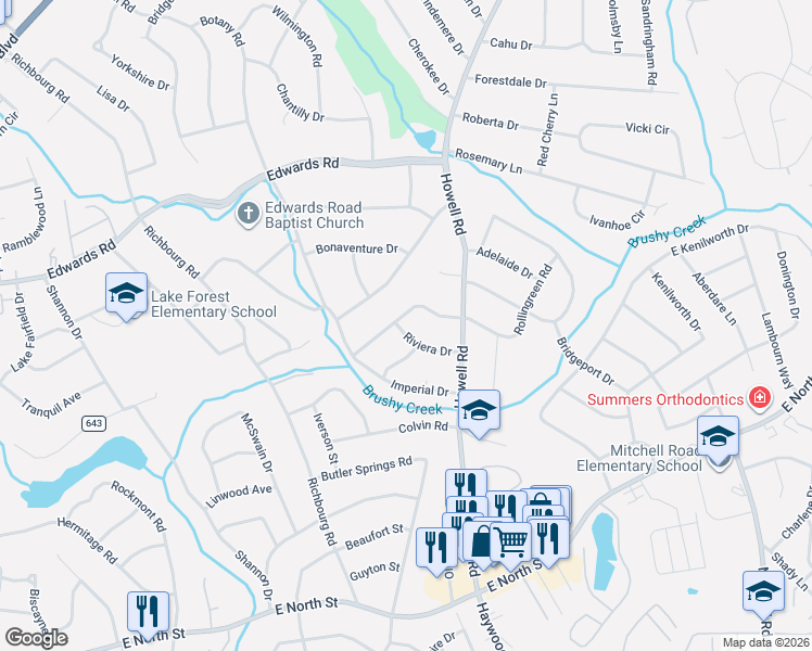 map of restaurants, bars, coffee shops, grocery stores, and more near 5 Riviera Drive in Greenville