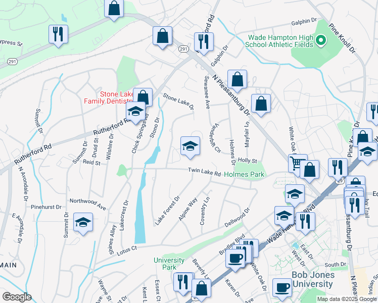 map of restaurants, bars, coffee shops, grocery stores, and more near 125 Twin Lake Road in Greenville