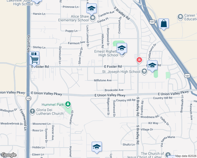 map of restaurants, bars, coffee shops, grocery stores, and more near 829 Millstone Avenue in Santa Maria