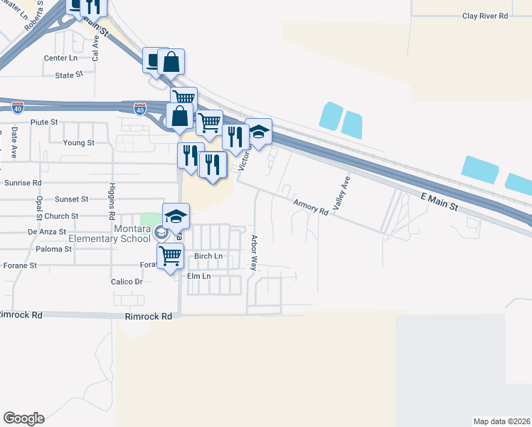 map of restaurants, bars, coffee shops, grocery stores, and more near 650 Chateau Way in Barstow