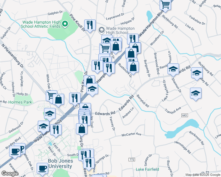 map of restaurants, bars, coffee shops, grocery stores, and more near 2000 Wade Hampton Boulevard in Greenville