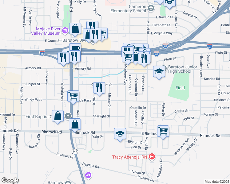 map of restaurants, bars, coffee shops, grocery stores, and more near 1130 Tecate Drive in Barstow