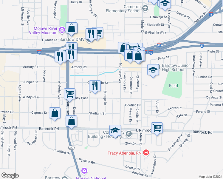 map of restaurants, bars, coffee shops, grocery stores, and more near 1130 Tecate Drive in Barstow