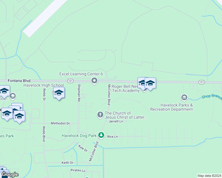map of restaurants, bars, coffee shops, grocery stores, and more near 101 Village Court in Havelock