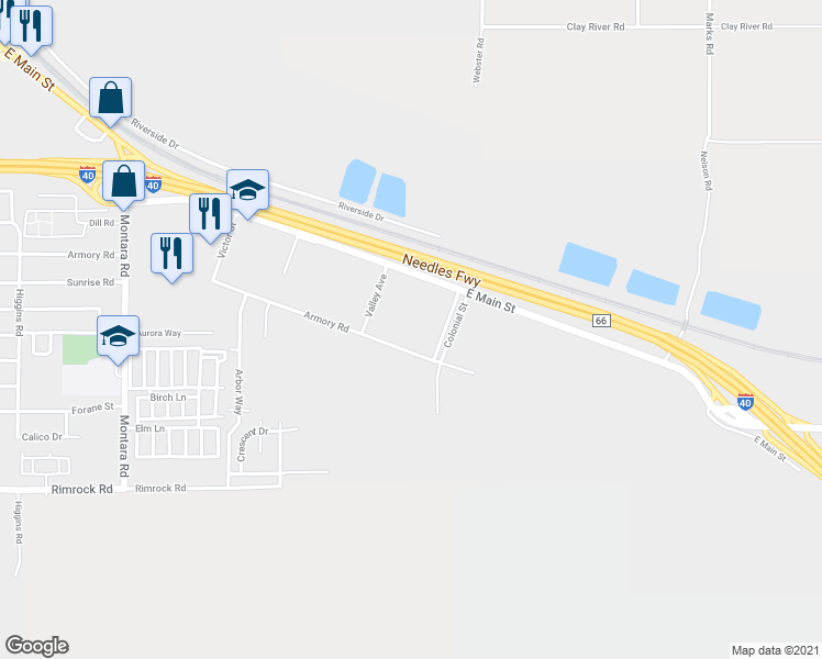 map of restaurants, bars, coffee shops, grocery stores, and more near 2361 Armory Road in Barstow