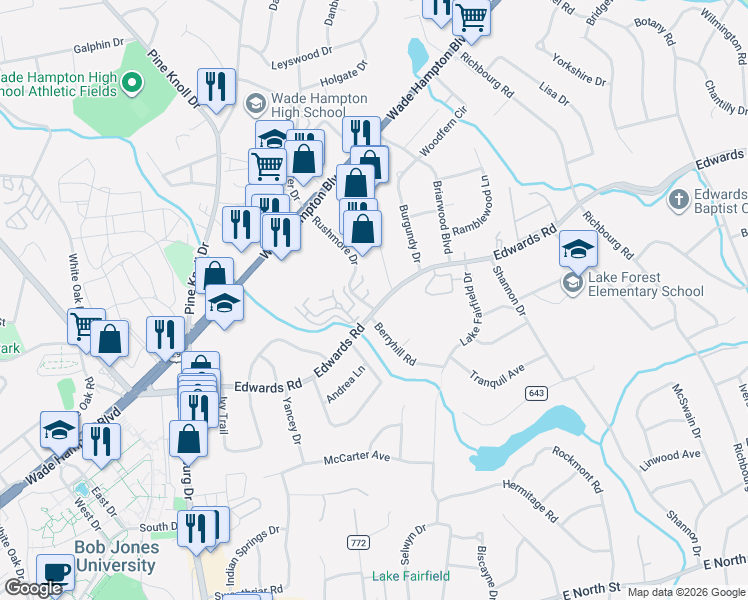 map of restaurants, bars, coffee shops, grocery stores, and more near 100 Kilkenney Court in Greenville