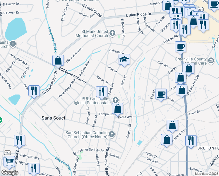 map of restaurants, bars, coffee shops, grocery stores, and more near 3 Perry Road in Greenville