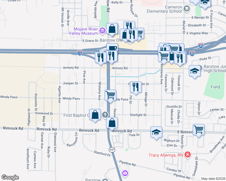 map of restaurants, bars, coffee shops, grocery stores, and more near 1161 Barstow Road in Barstow