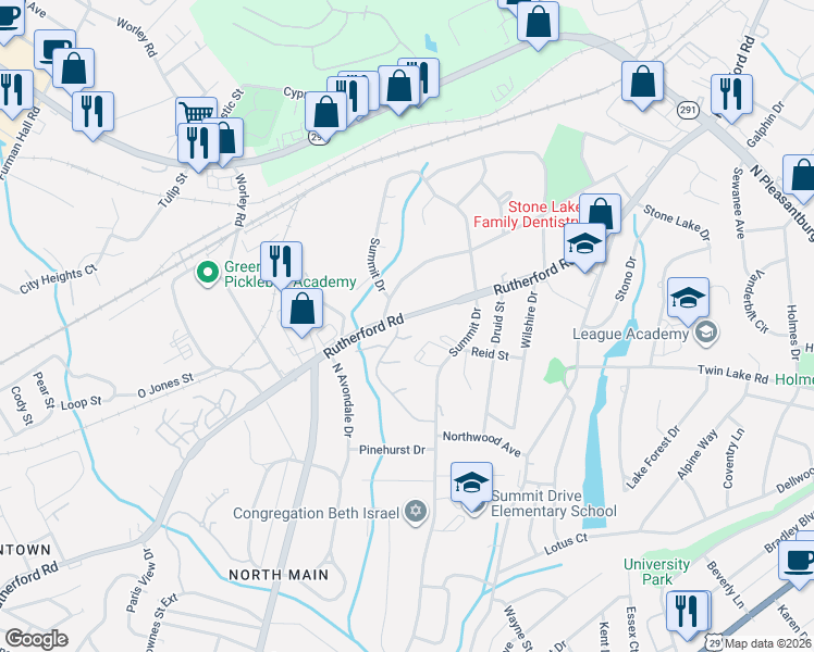 map of restaurants, bars, coffee shops, grocery stores, and more near 4 Majestic Oak Court in Greenville