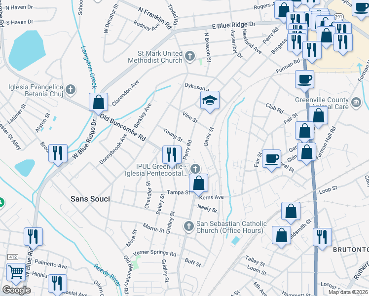 map of restaurants, bars, coffee shops, grocery stores, and more near 3 Perry Road in Greenville