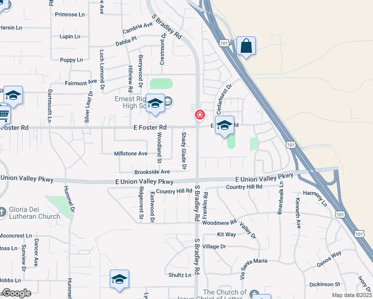 map of restaurants, bars, coffee shops, grocery stores, and more near 4191 Shady Glade Drive in Santa Maria