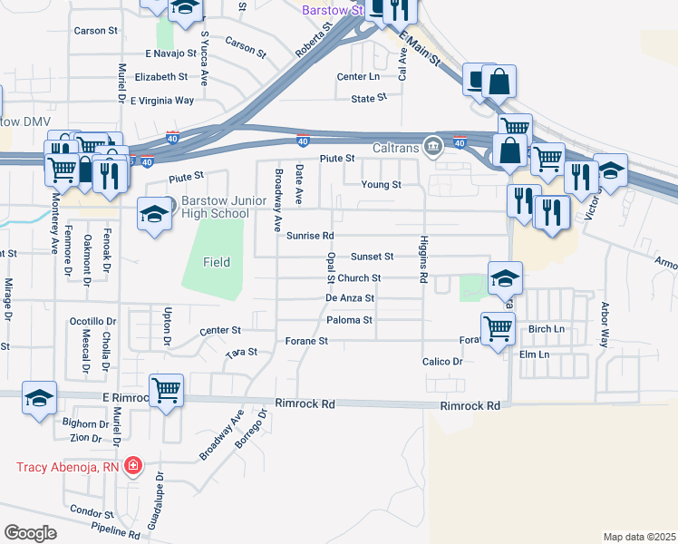 map of restaurants, bars, coffee shops, grocery stores, and more near 1605 Church Street in Barstow