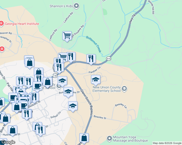 map of restaurants, bars, coffee shops, grocery stores, and more near 604 Panther Way in Blairsville