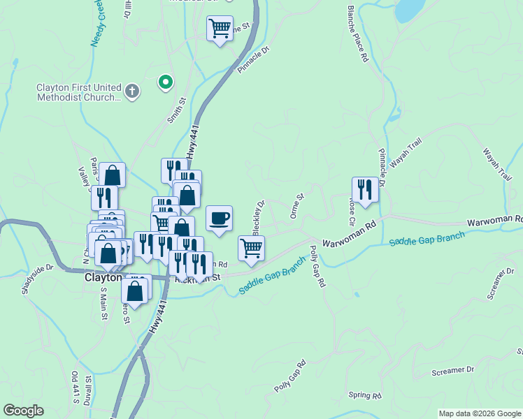 map of restaurants, bars, coffee shops, grocery stores, and more near 33 Maple Street in Clayton