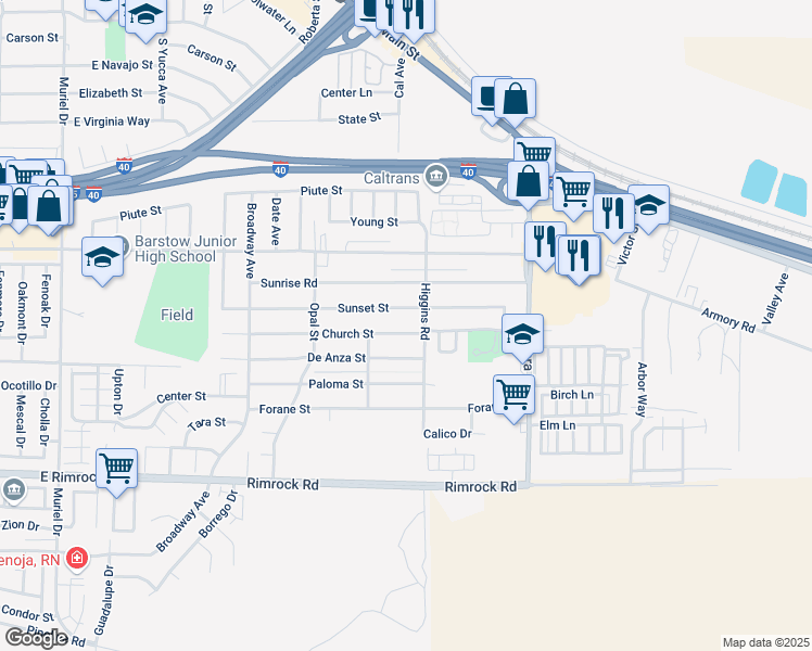 map of restaurants, bars, coffee shops, grocery stores, and more near 1729 Church Street in Barstow