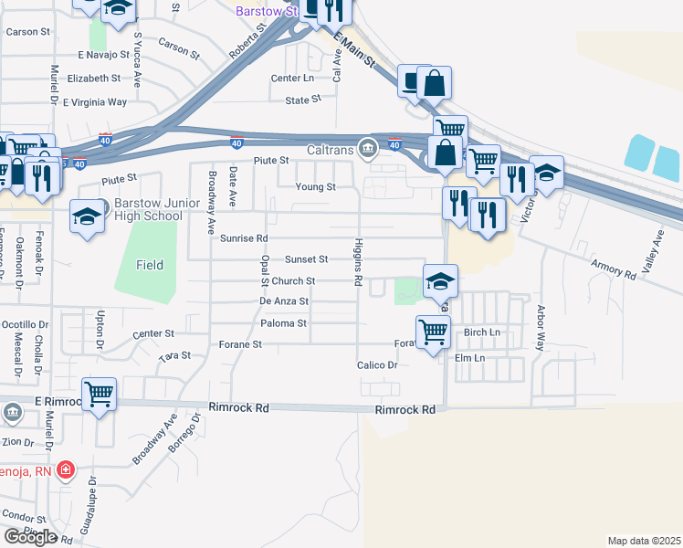 map of restaurants, bars, coffee shops, grocery stores, and more near 1729 Church Street in Barstow