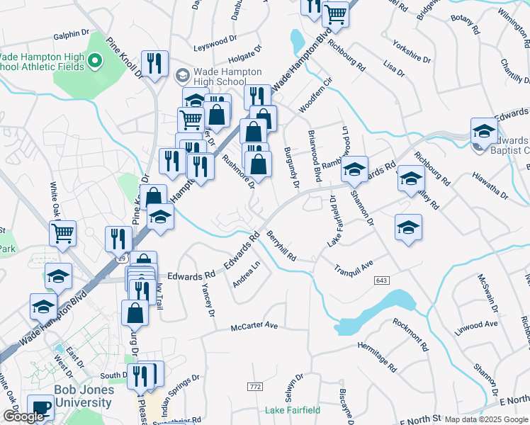map of restaurants, bars, coffee shops, grocery stores, and more near 100 Kilkenney Court in Greenville