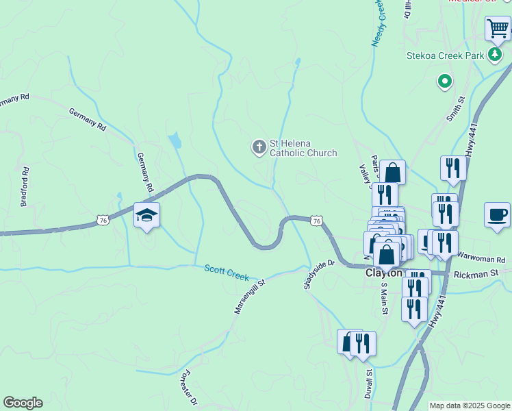 map of restaurants, bars, coffee shops, grocery stores, and more near Holden Street in Clayton