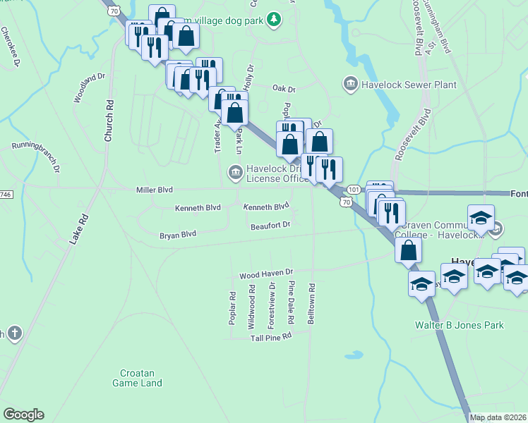 map of restaurants, bars, coffee shops, grocery stores, and more near 112 Beaufort Drive in Havelock