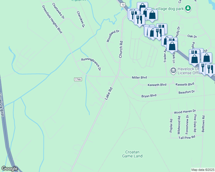 map of restaurants, bars, coffee shops, grocery stores, and more near 17 Palomino Court in Havelock