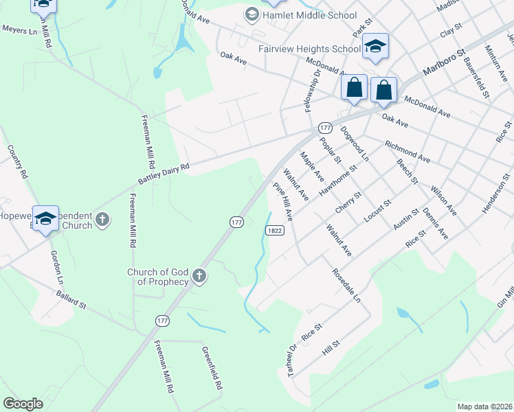map of restaurants, bars, coffee shops, grocery stores, and more near 604 Hawthorne Street in Hamlet