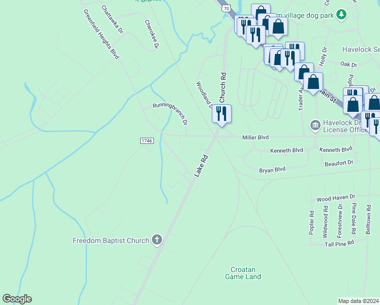 map of restaurants, bars, coffee shops, grocery stores, and more near 111 Quail Ridge Road in Havelock